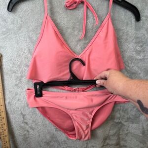 Bobbie Brooks Pink Flounce Halter Bikini Set Medium 2 Piece Swimsuit Solid M